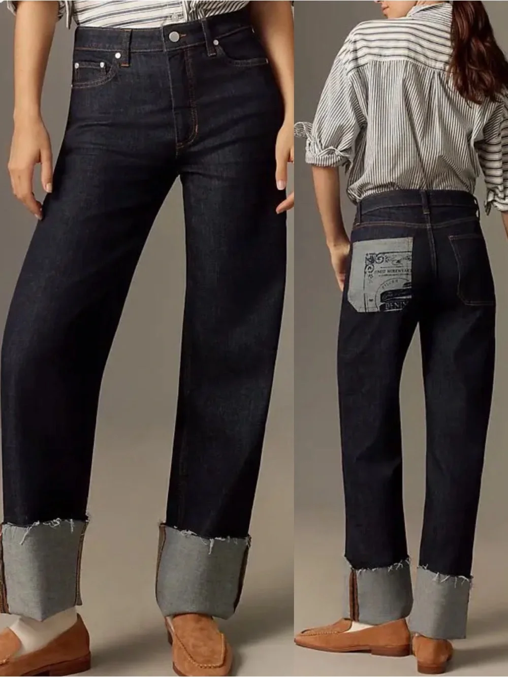 Pilcro X Anthropologie High Rise Cuffed Jeans Dark Wash Straight Wide Leg